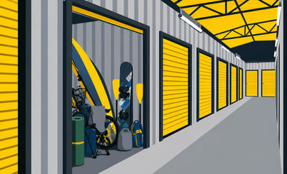 A digital illustration of a storage facility corridor with several storage units. One of the storage units is open, revealing items like a bicycle, surfboards, a snowboard, and camping gear. The facility has yellow doors and a yellow ceiling, with gray walls and a concrete floor.